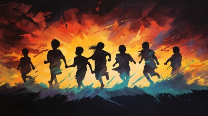 Artistic depiction of children in silhouette, racing away from an abstract,