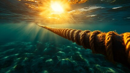 Sticker - A thick rope lies on the ocean floor, bathed in the warm glow of sunlight filtering through the water.