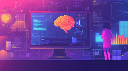 Wall Mural - 2D flat illustration featuring concepts such as AI, analysis, automation, big data, brain, business, cloud computing, communication, and computer graphics. Designed in a trendy vector style with a fla