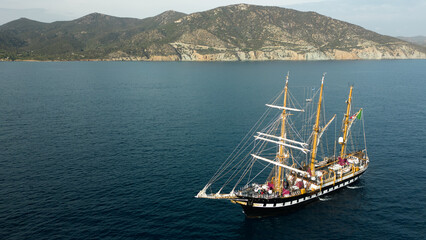 Italian navy galleon, training ship underway. Clear sea