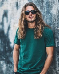 Poster - A trendy model poses confidently in a blank t-shirt by a textured wall