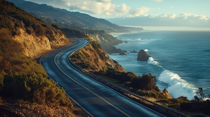 Poster - A winding road leads along a cliffside overlooking the ocean, with waves crashing against the rocks below.