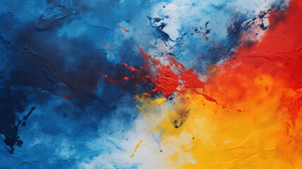 Wall Mural - Abstract painting with blue, white, yellow, orange, and red splatter and brushstrokes on canvas.