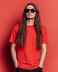 Poster - Model with long hair displays stylish blank t-shirt in a bold setting