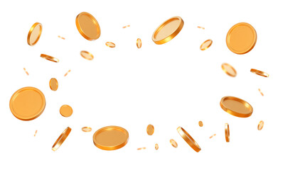 Wall Mural - 3d realistic flying golden shiny coins with effect bokeh on white isolated background. rich or casin