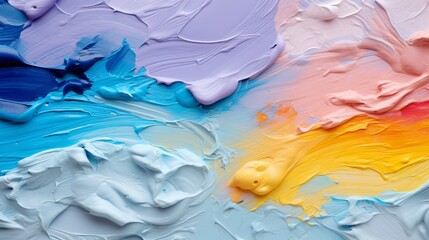 Close-up abstract background of colorful paint texture with vibrant blue, purple, pink and yellow swirls.