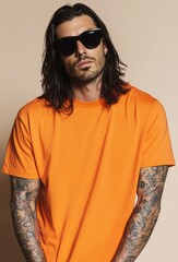 Sticker - A model with long hair wears an orange t-shirt with confidence and style