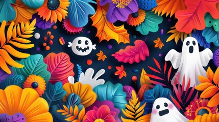 Wall Mural - High-resolution vector of an abstract cute Halloween background with creative spooky elements, vibrant colors, and playful ghosts 