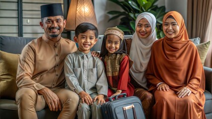 Wall Mural -  portrait of happy muslim family sitting together