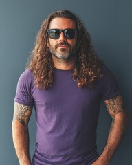 Poster - Model poses confidently in a blank t-shirt with sunglasses and striking long hair