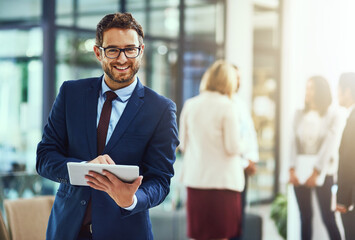 Wall Mural - Portrait, happy businessman and tablet in office for communication, email or digital research. Creative agency, professional and worker on technology for internet, planning or social media with smile