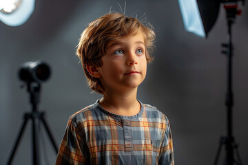 A boy in a photographer's studio looking upward. Good-looking blond child in a studio photography session with professional lighting.