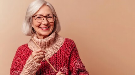 A cheerful elderly woman enjoys knitting while wearing a colorful, warm sweater