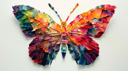 A vibrant and colorful butterfly artwork made from layered paper, showcasing creativity and artistic expression.