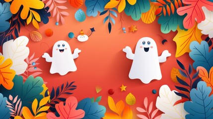 High-resolution vector of an abstract cute Halloween background with adorable ghosts and vibrant patterns, artistic and fun design