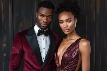 A man and a woman are posing for a photo in a red suit and a red dress. Scene is elegant and sophisticated