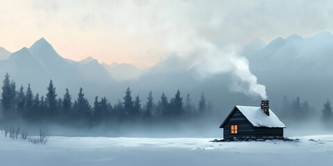 Poster - Cabin sitting alone in a snowy clearing, with smoke drifting from its stone chimney, flat illustration