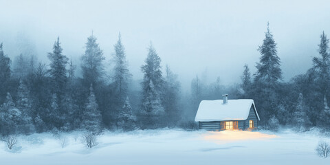 Wall Mural - Cabin nestled among snow-covered trees, with light emanating from the small windows, flat illustration