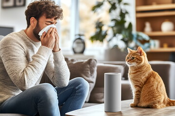 A man sneezing, covering his mouth with a handkerchief, a cat allergy, domestic animals