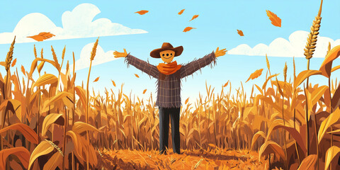 Wall Mural - Scarecrow standing in a cornfield, surrounded by tall, dry corn stalks and scattered leaves, flat illustration