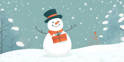 Wall Mural - Snowman holding a gift box in a snowy landscape with falling snow, flat illustration