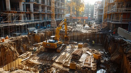 Construction site with heavy machinery, building materials, and a partially constructed foundation Realistic Octane