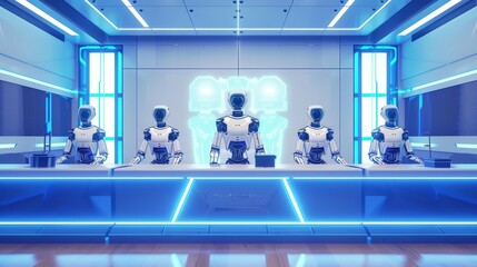futuristic robots in a high-tech control room, showcasing advanced technology and sleek design with 