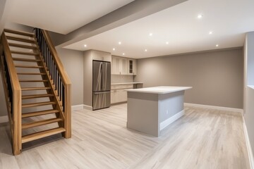 Wall Mural - The renovated basement showcases a modern kitchen with a white counter and a wooden staircase in a spacious, well-lit environment