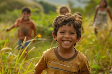 A young boy is smiling in a field with other children. Scene is happy and carefree