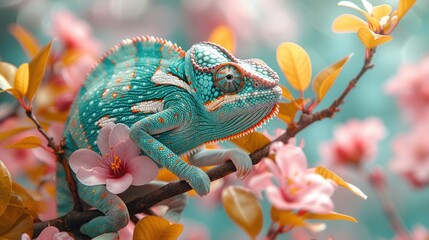 Colorful chameleon resting on a branch amidst blooming pink flowers in a vibrant garden during spring