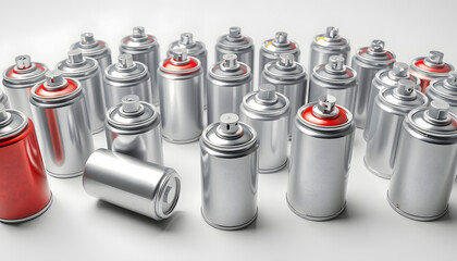 Many spray paint cans on light gray background, closeup isolated with white highlights, png