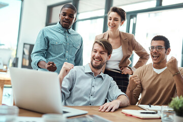 Aufkleber - Business people, laptop and project success for partnership, celebration meeting and teamwork for agreement. Group, creative employees or workers for team triumph, fist pump and diversity in agency