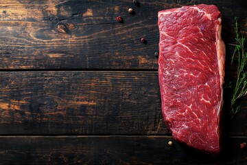 Wall Mural - A raw marbled beef Tenderloin cut rests on a dark wooden table, accented by scattered herbs and spices around it