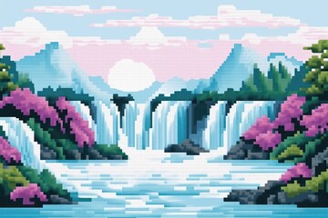 Poster - Cross stitch waterfall landscape graphics vegetation.