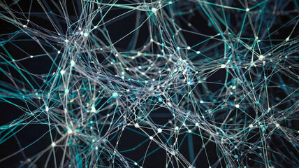 Poster - A computer-generated image of an intricate network of glowing blue lines and dots, symbolizing connectivity, data, or neural networks