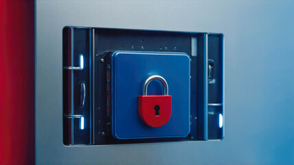 A close-up of a red lock against a blue and red background, symbolizing security, protection, or restricted access