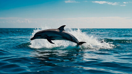 A dynamic scene of dolphins leaping gracefully through bright blue ocean waves under a clear sky