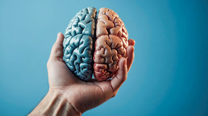 Poster - A realistic brain being held by a hand against a solid blue background, representing intelligence or neuroscience