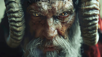 an elderly, scary, dangerous man with yellow eyes and horns. an elderly man in a red hood with evil eyes, fantasy character, magician, sorcerer