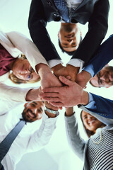 Poster - business people, group and hands stack in circle, portrait or low angle for solidarity with diversit