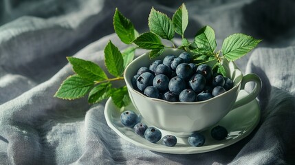 Wall Mural - Fresh Blueberries with Leaves, Selective Focus and Copy Space for Text on Blueberry Background