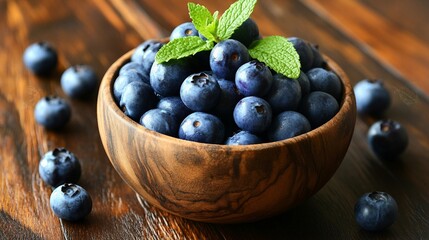 Wall Mural - Fresh Blueberries with Vanilla Mint in Wooden Bowl on Stone Background - Top View of Delicious Summer Berry Dessert