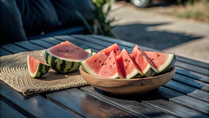 Wall Mural - watermelon on a wooden table