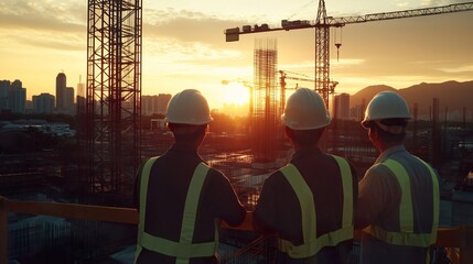 Three civil architect engineer performing inspections and tasks at an outdoor construction site