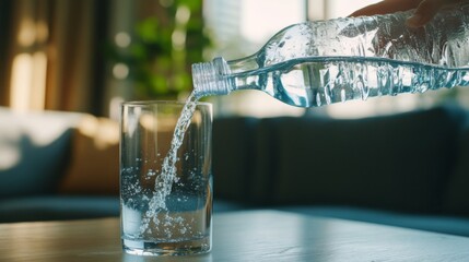 A clear stream of water is poured from a bottle into a glass, capturing the sparkling essence and refreshment of water in a serene and bright indoor setting.