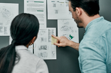 Poster - blueprint, man and woman at board for architecture, project management or creative development from 