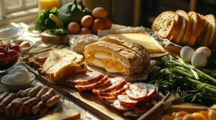 Delicious Breakfast Spread with Granola, Fresh Berries, Croissants, Pancakes, Honey, Nuts, and Coffee on Marble Background