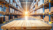 © Roman - A spacious warehouse with shelves filled with boxes and a wooden table at the forefront, illuminated by a warm sunset glow