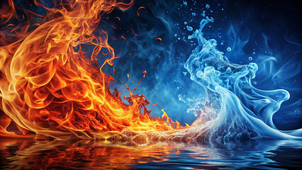 Poster - Fire and water elements create an intense visual contrast with vibrant flames and fluid waves interacting dynamically