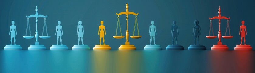 Wall Mural - Scales of justice stand between figures, representing equality and law.